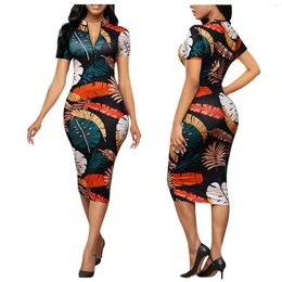 Party Dresses Sheath Feather Print Slim Women's Length Knee Elegant Zip-up V Leaf Dress Neck Jumpsuit