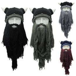 Outdoor Hats Adult Crazy Funny Halloween Cosplay Knitted Viking Beard Horn Hat Ski Mask Barbarian Vagabond Vintage Beanie Cap Winter Warmer 230621