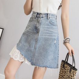 Skirts Women Denim Skirt Summer Light Blue Fashion High Waist Hole Ripped Jeans A-line Female Patchwork Lace Mini