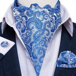 Bow Ties Fashion Blue Paisley Ascot For Man Accessory Luxury Men's Silk Floral Cravat Handkerchief Cufflinks Set Business Party Wedding