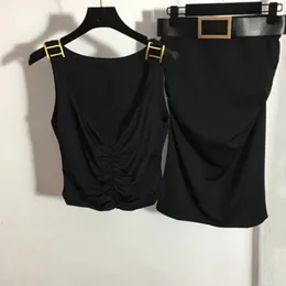 F1012 Two Piece Dress New Sexy Black Metal luxury Tops Slim Skirt New Summer Metal Accessories Pleated Low Collar Vest Top Elastic Wrap Hip Skirt Belt