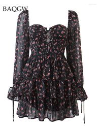 Casual Dresses Fashion Women Vintage Floral Print Spring Autum Chiffon Dress Sexy Mesh-Sheer Long Sleeve Layered Ruffle Ladies Short