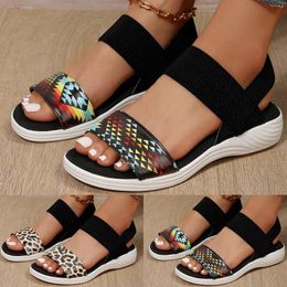 Sandals Ladies Fashion Summer Leopard Print Leather Open Toe Elastic Band Flat Comfy For Women Size 11