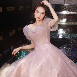 Ethnic Clothing Pink Cheongsam Chinese Bridal Wedding Qipao Fairy Prom Elegant Puff Sleeve Dress Gown Maxi Pleated Bling Charming Vestidos