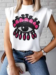 Women's T Shirts Yeezzi 2023 Summer Female Fashion Applique Embroidered High-Neck Casual Tops Loose Cap Sleeve Going Out T-Shirts For Women