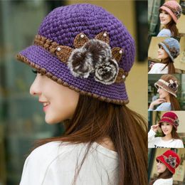 Berets Patchwork Color Round Dome Short Brim Bucket Hat Old People Winter Elegant Flower Decor Knitted