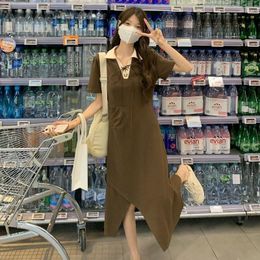 Casual Dresses Summer Hit Colour Polo Drawstring Women Mid Calf Students Fashion Simple Irregular Loose Long Skirts Sports Daily