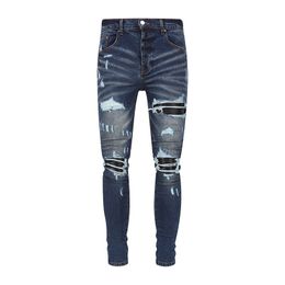 Mens Jeans For Guys Rip Slim Fit Skinny Man Pants red Star Patches Wearing Biker Denim Stretch Cult Stretch Motorcycle Trendy Long Straight Hip Hop With Hole BlueX8G9