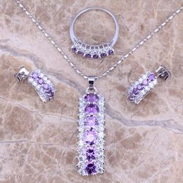 Necklace Earrings Set Marvellous Purple Cubic Zirconia White CZ Silver Plated Pendant Ring Size 6 / 7 8 9 10 S0154