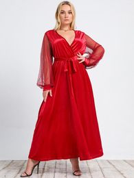 Plus Size Dresses Women's Elegant Fashion Evening Party Dress Sexy Mesh Long Sleeve Solid Color Maxi