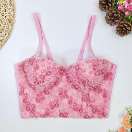 Women's Tanks Fashion Lace Bandeau Wears Women Sexy Sleeveless Flowers Sweet Fishbone Beaded Short Bustier Corset Crop Tops Mujer L157