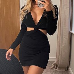 Casual Dresses BKLD Stretchy White Cut-out Sexy Dress Trendy Long Sleeve High-waist Party Club V Neck Female Tight-fitting Short