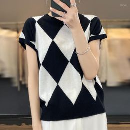Women's T Shirts Summer Woman's Tops Tees Fashion Casual Contrasting Colours T-Shirt Sweater Female Pullover Short Sleeve O-Neck Wool
