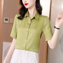 Women's Blouses Silk Women Shirt Button Up Womens Shirts Luxury Satin Blouse Summer Fashion Print Elegant Tops Short Sleeve