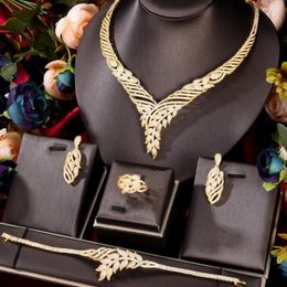 Necklace Earrings Set GODKI Leaf Charms 4Pcs Luxury Nigerian Jewelry For Women Wedding Cubic Zircon Dubai Bridal Earring Bangle Ring