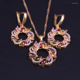 Necklace Earrings Set Lucky Round Circle Colorful Top Zircon Rose Gold Color Costume Jewelry With Pendant Big Promotion