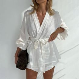 Women's Tracksuits Women Casual White Summer Suit Fashion High Waist Shorts Set Lady Elegant Loose Long Sleeve Robes Two Piece Female