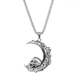 Pendant Necklaces Punk Fashion Silvery Moon Skull Necklace Women Men Gothic Long Chain Christmas Party Jewelry Gift Drop