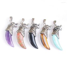 Pendant Necklaces Natural Amethyst Tigers Eye Stone Wolf Tooth Shape Copper Amulet Luck Man Jewellery Mixed Wholesale 5pcs/Lot IBN517