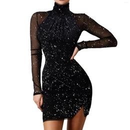 Casual Dresses Ladies Fashoin Party Evening Dress Elegant Sequined Patchwork Long Sleeve Short Split Mesh Halter Bodycon Robes