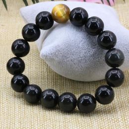 Strand 12mm Round Natural Black Obsidian Stone Yellow Tiger Eyes Beads Anion Bracelets Bangle Elegant Diy Jewellery 7.5inch B3165