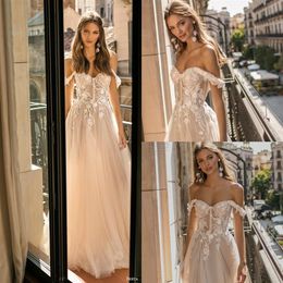 Muse By Berta 2019 A Line Wedding Dresses Off Shoulder Lace Sequins Sweep Train Bridal Gowns Beach Boho Plus Size Robe De Mariee290J