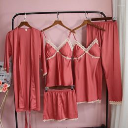 Women's Sleepwear Spring 5PCS Pyjamas Sleep Suit Womens Satin Lace Pajamas Sets Lounge Nighty Nightgown Casual Home Wear Nightwear