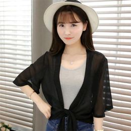 Women's Knits Korean Fashion Women Summer Wrap Jacket Half Sleeve Sheer Soft Chiffon Shrug Open Front Cardigan For Party Basic Coat