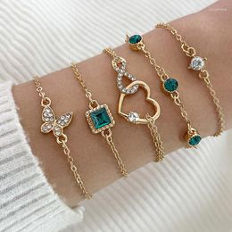 Link Bracelets Fashion Green Crystal Butterfly Heart Wrist Set For Women Vintage Gold Color Geometric Jewelry Accessories