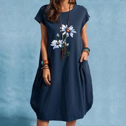 Casual Dresses Lady Flowers Printed Loose Short Sleeve Dress For Women Summer Round Neck Sun Knee Length