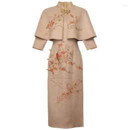 Casual Dresses Suede Cheongsam Long Sleeve Retro Shawl Dress Chinese Style Sexy For Women Party Vintage Elegant Clothing