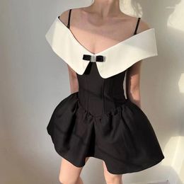 Casual Dresses Shoulder Bow Tie Waist Contrast Color Dress For Women's Summer 2023 Diamonds Bouffant