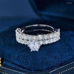 Wedding Rings Vintage Female Round White Zircon Bridal Sets Silver Color Luxury For Women Stacking Couple Ring Set Jewelry Gifts