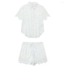 Women's Blouses Women's 2023 Fashion Loose Cut Embroidery Slim Fit Asymmetric Retro Short Sleeve Button Shirt Unique Top Shorts Set