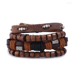Charm Bracelets 4pcs/set Vintage Boho Punk Dark Brown Leather Cord Wrap Bead Wood Beads Layers Bangles Unisex Jewelry