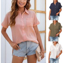 Women's Blouses European And American Foreign Trade Women's Clothing 2023 Summer Cotton Linen Short-sleeved Casual Side Slit Pocket