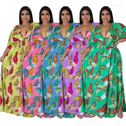 Ethnic Clothing Summer African Women V-neck Half Sleeve Printing Polyester Long Dress Print Dresses Clothes For