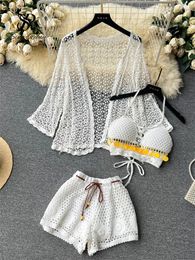 Women's Tracksuits SINGREINY Summer Beach Three Pieces Suits Hollow Out Loose Cardigan Halter Camisole Mini Knit Shorts Fashion Sequins