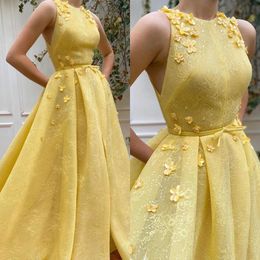 Fashion Yellow Prom Dresses Appliques Jewel Neck Evening Gowns Ruched Lace Formal Red Carpet Long Special Occasion Party dress