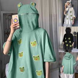 Women's T Shirts Women Shirt Hooded Frog Print Tops Pullovers With Horns Harajuku Zipper Girls Teens White Green Short Sleeve Girl Top