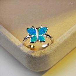 Wedding Rings Cute Butterfly Open Engagement Ring Female White Blue Fire Opal Animal Boho Silver Color Adjustable For Women