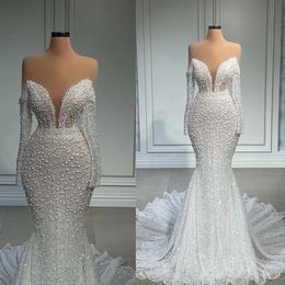Heavy Pearls Illusion Mermaid Wedding Dresses For African Women 2022 Sheer Beads Bridal Gown With Long Train Vintage Long Sleeves 287D