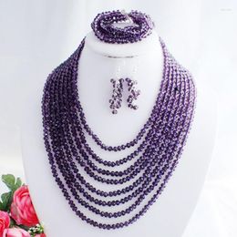 Necklace Earrings Set Female Fashion Wedding Set. 8 Rows Of Purple Crystal Necklaces Bracelets And Earrings. 19-23"