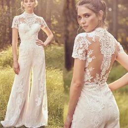 Luxury Jumpsuits High Neck Wedding Dress Short Sleeve Illusion Lace Appliques Button High Quality Bride Gown Vestidos De Soiree BE302T