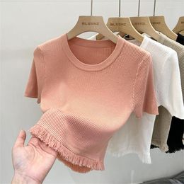 Women's T Shirts Casual Solid Pink Fringe Round Neck Knit Short Sleeve Women's Summer Women T-shirt 2023 French Slim Fit Skinny Tops