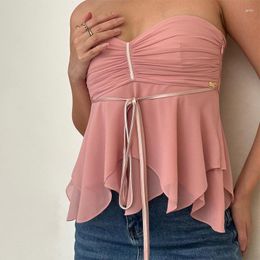Women's Tanks Gaono Sweet Pink Ruched Halter Tank Top Elegant Lace Up Backless Slim Women Tops Summer Streetwear Low-cut Sleeveless Camisole