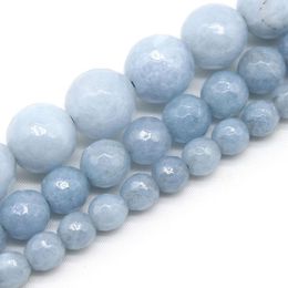 Beads Natural Faceted Blue Aquamarines Stone For Jewelry Making Round Loose Diy Accessories Bracelet 4/6/8/10/12mm 15”