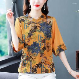Women's Blouses 2023 High End Chinese Style Noble Yellow Printed Women Blouse Plus Size Retro Buckle Stand Collar Slim Elegant Top