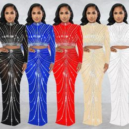 Work Dresses Personality Street American Retro Temperament Fashion Women's Wear Mesh Rhinestone See-through Long Sleeve Skirt Two-Piece