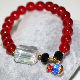 Strand Fashion Women Bracelets 8mm Red Natural Stone Jades Chalcedony Round Beads Bangle Cloisonne Crystal Jewellery 7.5inch B2949